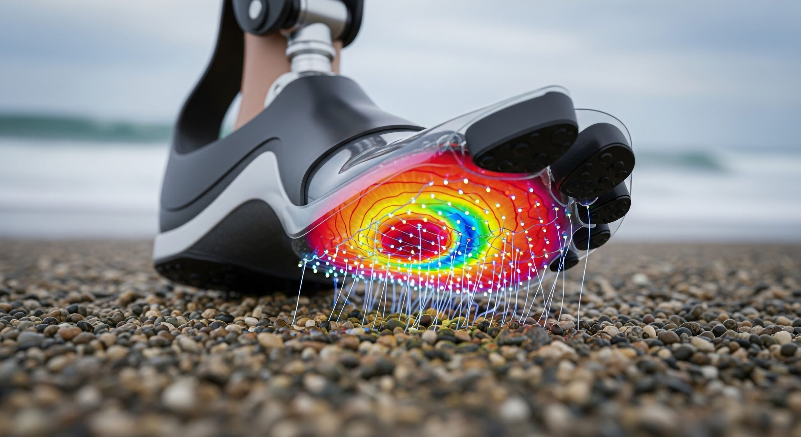 Innovative prosthetic leg showcasing advanced pressure sensors on a beach, highlighting mobility and comfort with cutting-edge technology